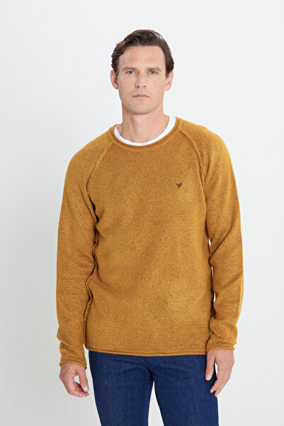AC&Co / Altınyıldız Classics Mustard Standard Fit Regular Cut Crew Neck Fleece-Lined Soft Textured Knitwear Sweater