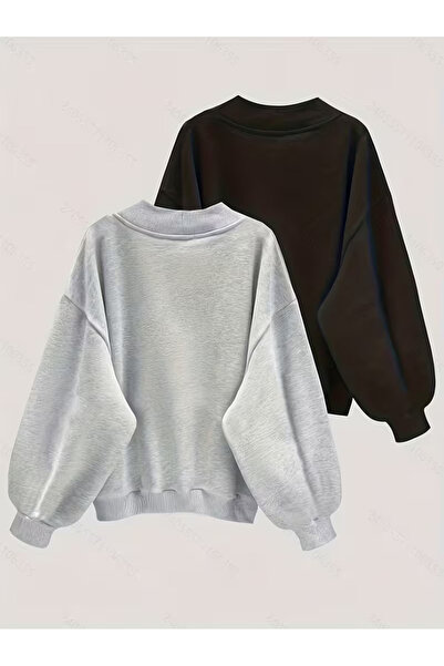 FUWEAR Kadın Siyah - Gri 2 Renk V Yaka Oversize Sweatshirt