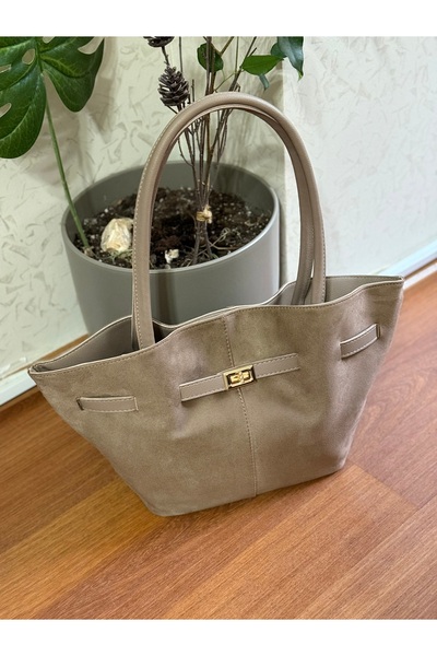 Bagnest Suede Women's Shoulder Bag with Lock Detail on the Front