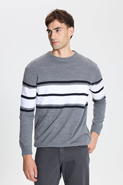 ALTINYILDIZ CLASSICS Grey-Ecru Standard Fit Regular Cut Crew Neck Striped Knit Sweater
