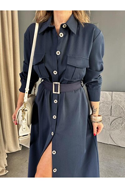 Zerrincan Giyim Lacivert Kemerli Düğmeli Orijinal Elbise