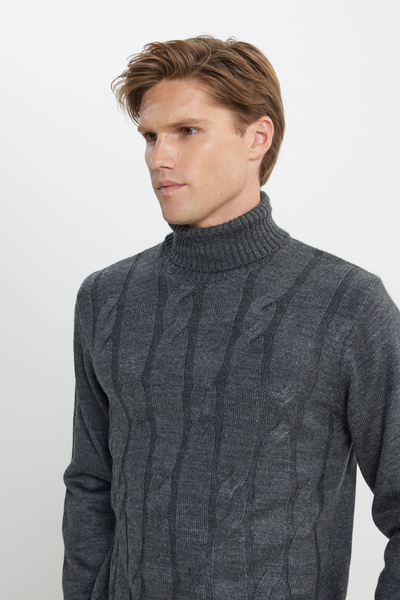 AC&Co / Altınyıldız Classics Anthracite-Melange Standard Fit Regular Cut Full Turtleneck Jacquard Knitwear Sweater