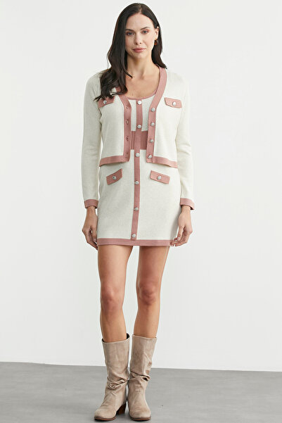 Sementa Block Color Dress Cardigan Knitwear Set - Rose