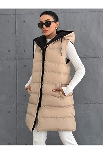 last summer Women's Double Sided Long Hooded Sleeveless Puffer Vest 10601023