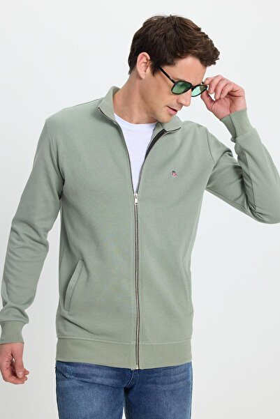 Tudors Men's Slim Fit Slim Fit Cotton Full Zip Double Pocket Mock Neck Green Sweatshirt Cardigan