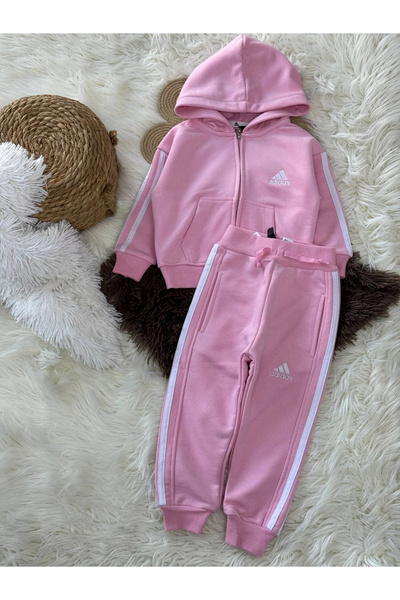 Kidmark Çocuk Modası طقم بناتي مخطط باللون الوردي مع سحاب