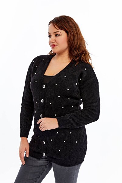 Laden Knitwear Women's Bearded Rope Stone Thick Plus Size Coat Winter Mother Black Cardigan