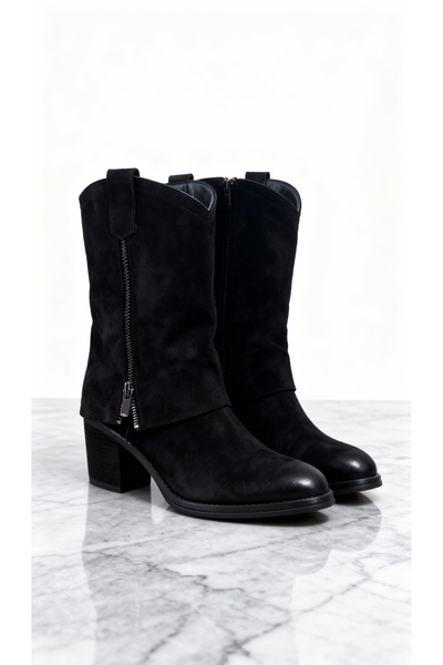 LİTTLETHİNGS Kadın Deri Süet Western Tarz Kısa Topuklu Günlük Bot – Siyah