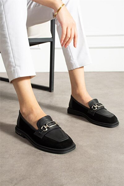 Aselin Ayakkabıları حذاء لوفر للنساء من الجلد الأصلي الأسود بكعب قصير غير رسم...