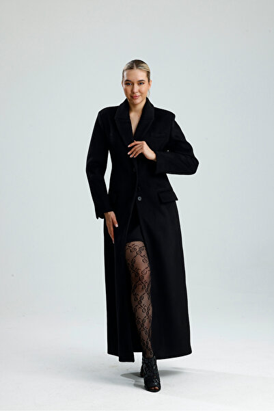 GACA COLLECTION MARTA Belden Oturtmalı Kaşe Siyah Uzun Kaban