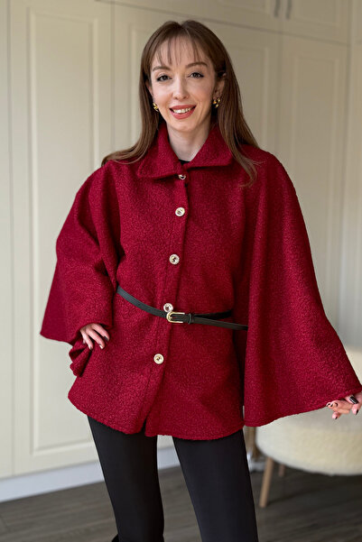 Dilay Gökoğlu Butik Detachable Belt Boucle Burgundy Poncho