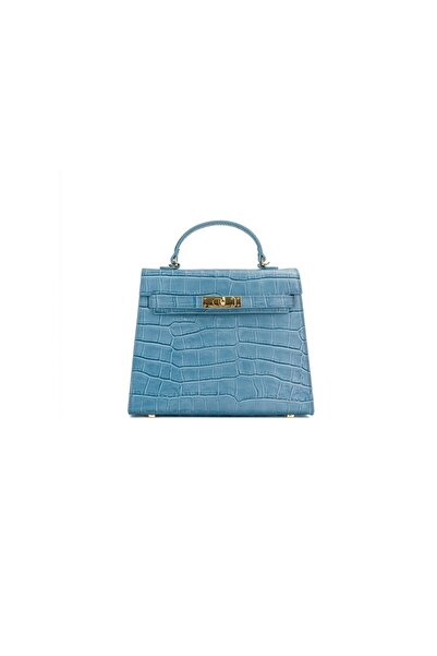 Posete Fagaras Thea Croco Baby Leather Purse - Blue, Casual Bag Made of Genuine Leather, Handbag, Bags