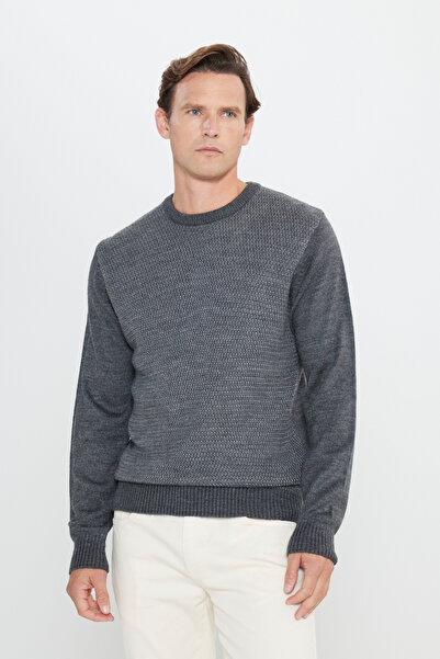 AC&Co / Altınyıldız Classics Anthracite-Grey Melange Standard Fit Regular Cut Crew Neck Honeycomb Pattern Knitwear Sweater