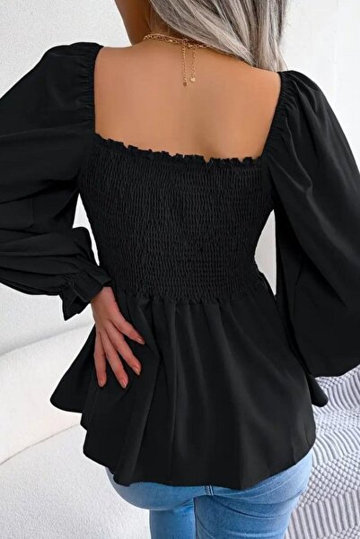 Mossta Square Neck Gipeli Crepe Blouse - Black