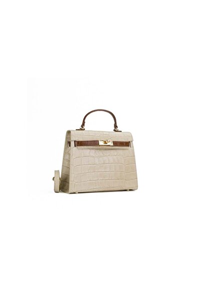 Posete Fagaras Thea Croco Baby Leather Purse - Beige - Cognac, Casual Bag Made of Genuine Leather, Handbag, Bags