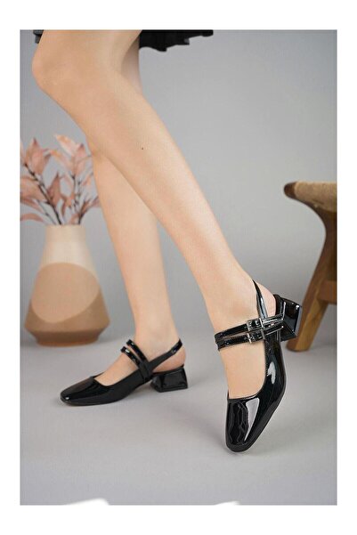 KILIÇ حذاء نسائي أسود من الجلد اللامع (حذاء يومي بكعب قصير ومقدمة مربعة مفتوح...