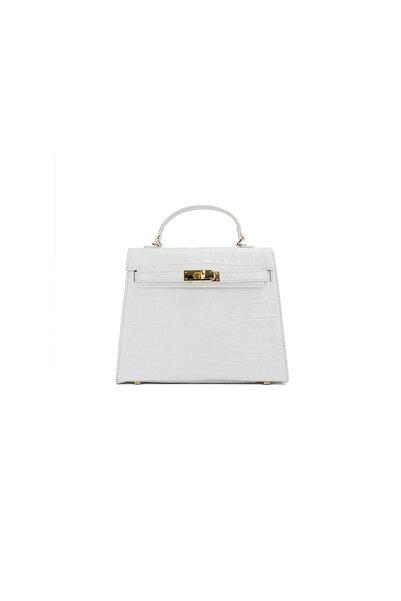 Posete Fagaras Thea Croco Baby Leather Purse - White, Casual Bag Made of Genuine Leather, Handbag, Bags