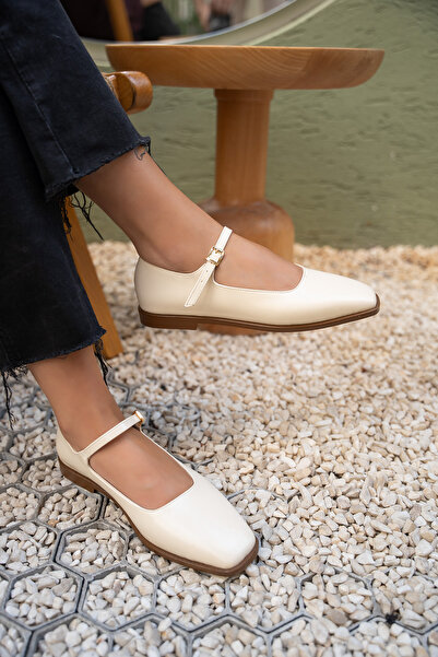 LAMİNTA Flue Ecru Leather Buckle Flat Ballet Flats