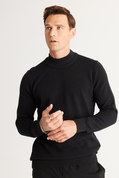 AC&Co / Altınyıldız Classics Black Standard Fit Half Turtleneck Cotton Patterned Knitwear Sweater