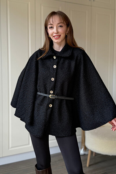 Dilay Gökoğlu Butik Kemeri Çıkarılabilir Buklet Siyah Panço