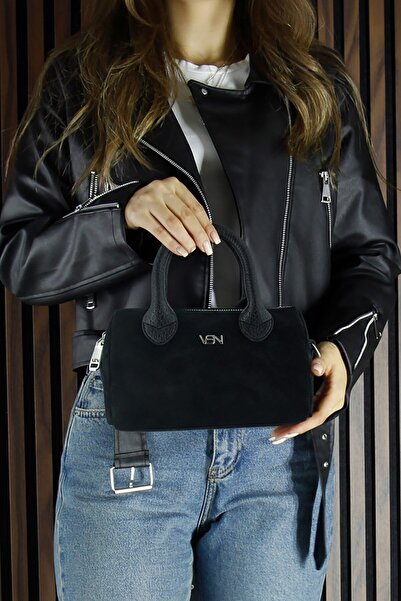 Erkan Saçmacı Black Genuine Cowhide Suede Zippered Small Size Daily Shoulder Bag with Strap and Inner Pocket