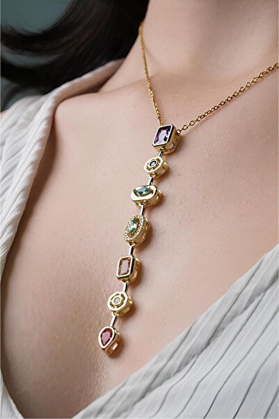 Si moda Renkli Taşlı Zarif Gold Paslanmaz Çelik Y Kolye