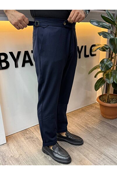 BYATA MENS STYLE Men's Winter Thick Fabric High Waist Double Buckle Italian Pants