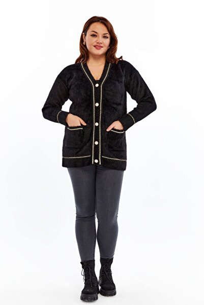 Laden Knitwear Women's Bearded Rope Sim Detailed Thick Coat Winter Mother Cardigan