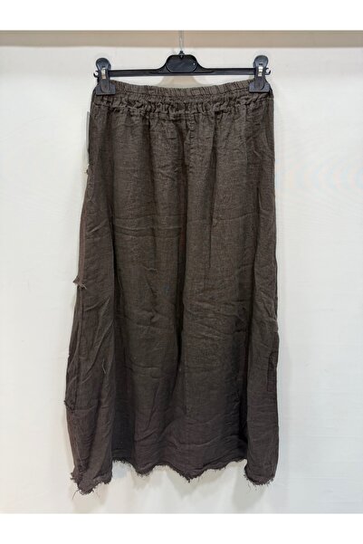 della moor Brown Italian Elastic Waist Tasseled Long Linen Skirt