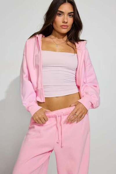 Madmext Pink Crop Hooded Zippered Women's Sweatshirt Mg2608
