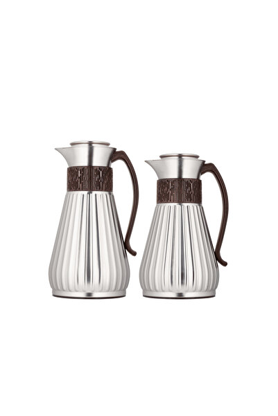 ALSAIF Azza Coffee and Tea Thermos Set, 2 Pieces by Al Saif / Elegant design to suit all tastes, 1.0/0.7 Liter, Matte Nickel, Wooden Handle