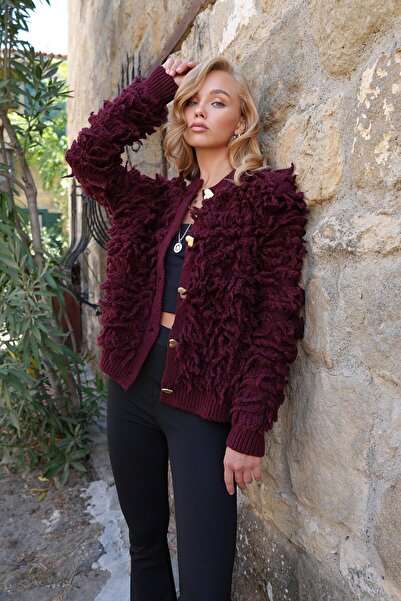 VAGGON Women's Burgundy Crew Neck Heart Buttoned Tassel Cardigan Prmx14465