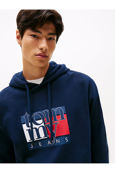 Tommy Hilfiger Férfi logóval nyomtatott kapucnis pulóver – sötétkék