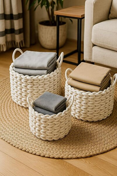 genric OneDcor Set of 3 Plant Baskets – Woven Cotton Rope Indoor Planters – Rustic Home Floor Decor