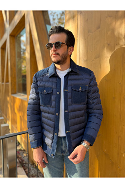 Avni Ceylan Men's Padded Jacket with Denim Panel Detail