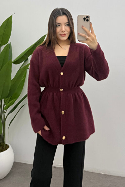 Bipantolon Women's Burgundy Gold Snap Detailed Soft Knit Cardigan
