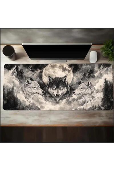 sgeteknoloji Sge Technology 85X34 cm Moon and Wolf Themed Anti-Slip Base Speed Surface Gaming Mouse Pad