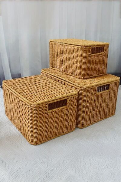 Bayev Crate 700789 Set of 3 Rattan Decorative Box Baskets with Lids - 3 Sizes Wicker Organizer Bins with Handles