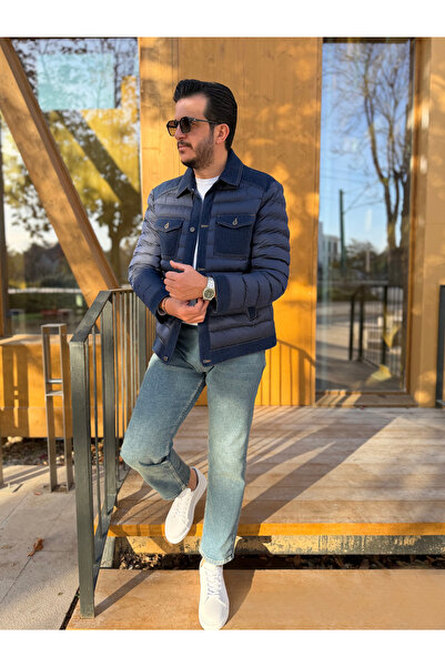 Avni Ceylan Men's Padded Jacket with Denim Panel Detail