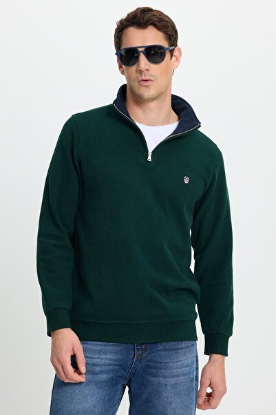 Tudors Men's Slim Fit Slim Fit Cotton Thessaloniki Fabric Mock Neck Green Sweatshirt