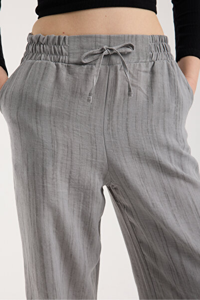 MRS.MODA Linen Fabric High Waist Striped Elastic and String Lace-Up Waist Detailed Trousers