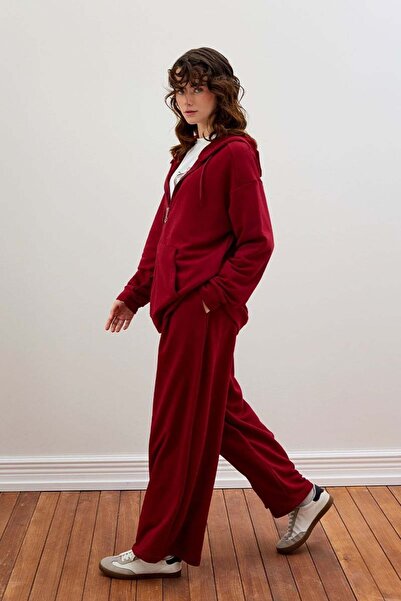 Ceylan Otantik Burgundy 3 Thread Long Zippered Tracksuit Set