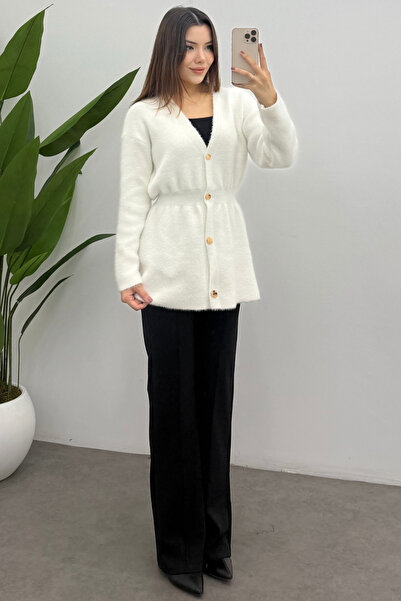 Ladima Women's Ecru Gold Snap Detailed Soft Knit Cardigan