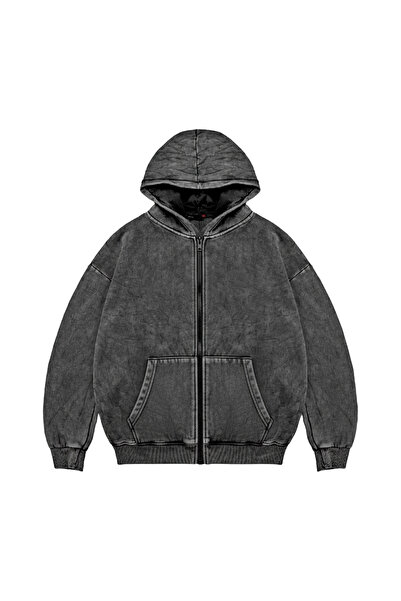 Sokak Butik Fermuarlı Basic Zip Kapüşonlu Unisex Yıkamalı Siyah Sweatshirt