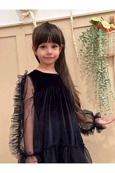 penu baby kids Black Hem Ruffle Long Ruffle Tulle Sleeve Velvet Fabric Girls Kids Baby Girl Dress