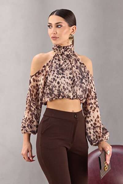 cemo Off-The-Shoulder Cropped Blouse High Neckline Animal Print Shirred Detail