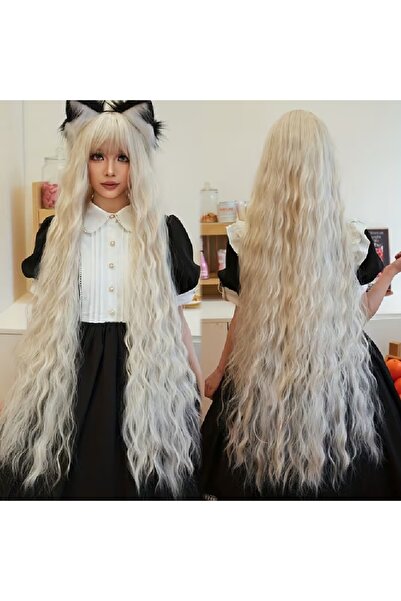 animis beauty Perucă blond deschis, lungă, cu breton, fibră sintetică cu aspect, 110 cm, păr creț