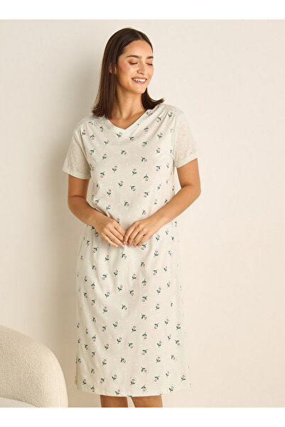 FAV فستان قطني بطبعة زهور مع رقبة على شكل حرف V