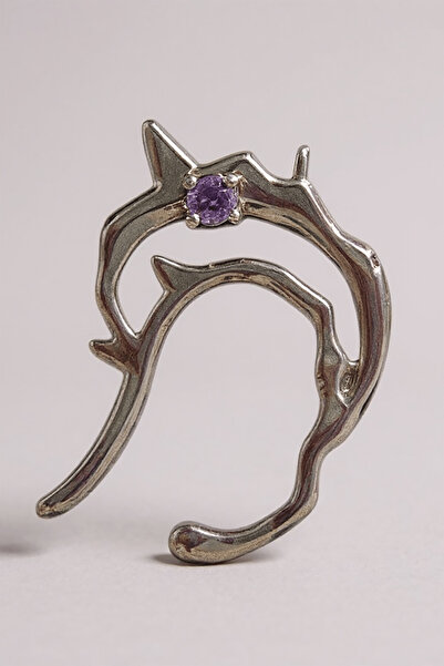 TAKIŞTIR Gümüş Renk Mor Taş Detaylı 14K Altın Kaplama TX Ear Cuff (Tek)