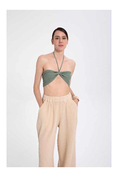 İpekçi Otantik Sırtı Lastikli Crop Top Yosun Yeşili